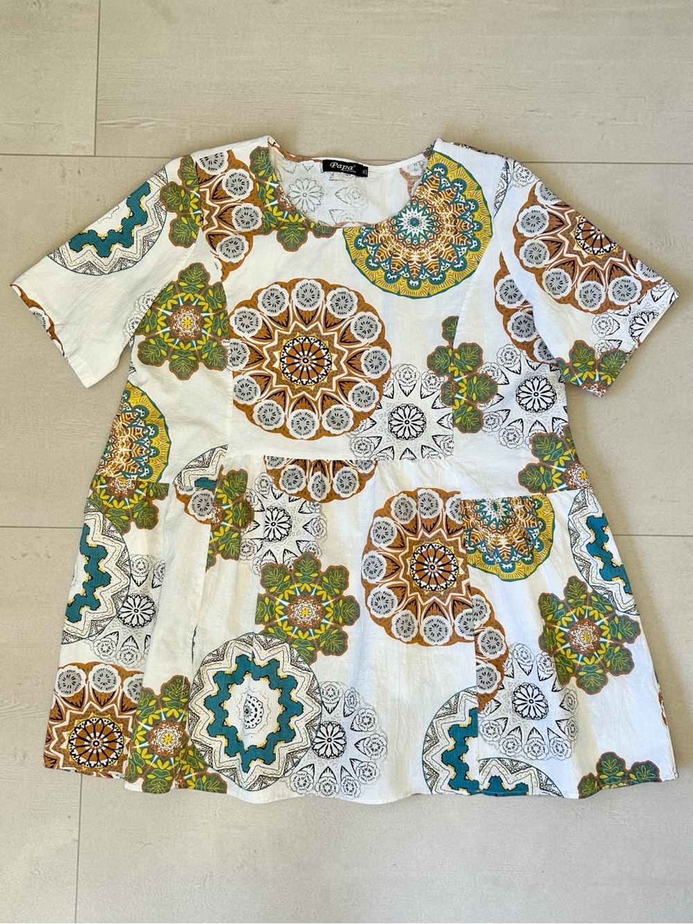 Women's White Tunic Top with Multicolor Mandala Print Size XL